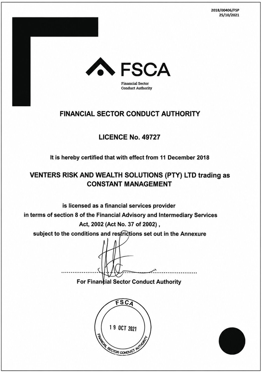 FSCA Licence No. 49727
